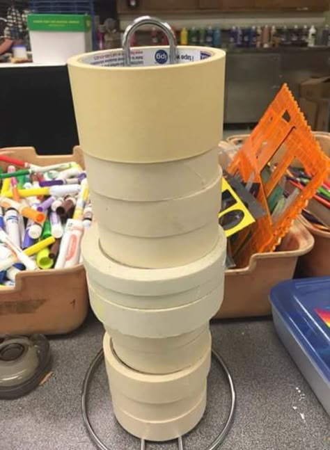 Organizing Tape Rolls, Thrift Store Storage Ideas, Maker Space Storage, Art Classroom Storage Ideas, Art Class Storage, Art Classroom Hacks, Elementary Art Classroom Setup, Paper Storage Classroom, Makerspace Storage