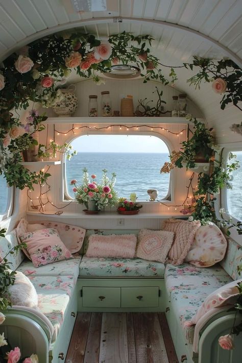 Pink Camper Van Interior, Cottagecore Camper Interior, Pink Camper Interior, Caravan Aesthetic, Shabby Chic Caravan, Caravan Living, Camper Interior Design, Tiny House Camper, Dream Bedroom Inspiration