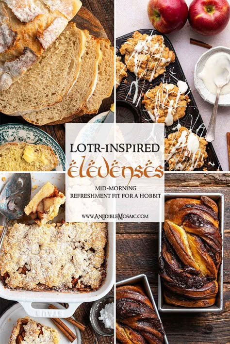 Hobbit elevenses (or morning tea) pairs a tasty baked good recipe with a cuppa for relaxing mid-morning snack. The perfect blend of fall vibes and cozy cottagecore aesthetic all wrapped up in a Tolkein-inspired hobbit meal. 🥰 Hobbit Breakfast Recipes, Vegan Hobbit Recipes, Lotr Charcuterie Board, Lord Of The Rings Snacks Food Ideas, Elevenses Food, Hobbit Meals Recipes, Hobbit Bread, Hobbit Feast Food Ideas, The Hobbit Recipes