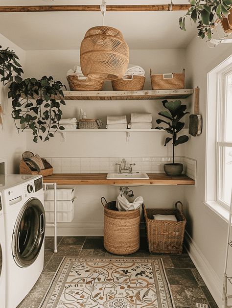 Small Boho Laundry Room Ideas, Boho Chic Laundry Room, Clean Boho Home, Boho Garage Ideas, Earthy Style Home, Modern Boho Laundry Room, Cute Living Room Ideas Cozy, Earthy Laundry Room, L Shape Laundry