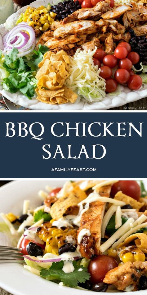 This BBQ Chicken Salad has crispy lettuce topped with tender, BBQ grilled chicken, grilled corn, black beans, shredded cheese and more! Bbq Chicken Salad Recipe, Salad Meals, Bbq Salads, Chicken Grilled, Bbq Chicken Salad, Grilled Bbq Chicken, Diner Recept, Salad Pasta, Family Feast