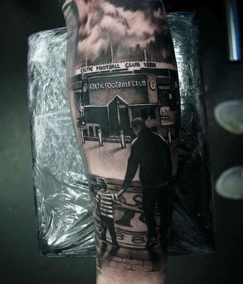 Tattoo Ideas For Men Father Son Football Tattoo, Football Calf Tattoo Men, Father And Son Football Tattoo, Football Sleeve Tattoo, Football Inspired Tattoo, Football Leg Tattoo, Father And Son Tattoo Design, Football Tattoo Ideas For Men, Celtic Fc Tattoo