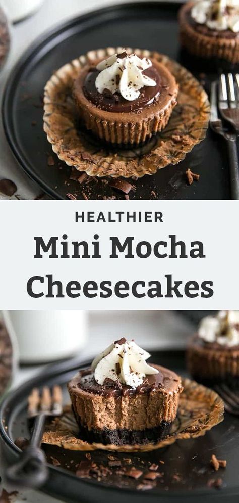 Get your chocolate and coffee fix with these Mocha Mini Cheesecakes made so easy! This delicious layered recipe is made with Greek yogurt, less sugar and an Oreo cookie crust. They are creamy and rich with a decadent chocolate ganache topping. Gluten-free and grain-free friendly! These are the perfect dessert for holidays, like Valentine’s Day and Christmas or any day to enjoy a wonderful chocolatey sweet treat! #chocolate #mocha #coffee #cheesecake #glutenfree Chocolate Mocha Coffee, Mini Chocolate Cheesecakes, Mocha Desserts, Cheesecake Healthy, Cookies Cheesecake, Mocha Cheesecake, Individual Cheesecakes, Grain Free Cookies, Mocha Recipe