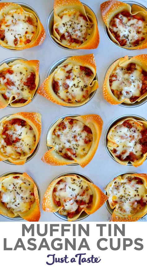 Muffin Tin Lasagna Cups come together in just 15 minutes and are loaded with three types of cheese, plus your choice of Italian sausage or veggies. Skip the noodles and grab the wonton wrappers for this handheld spin on a comfort food favorite! #appetizerrecipes #justatasterecipes Lasagna Bites, Healthy Egg Rolls, Mini Lasagna, Lasagna Cups, Muffin Cups Recipes, Muffin Pan Recipes, Just A Taste, Muffin Tin Recipes, Wonton Wrappers