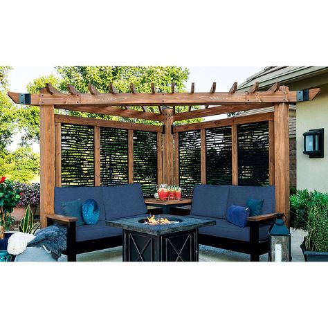 Backyard Discovery’s Tuscany Cabana Pergola with built-in outdoor patio furniture is a unique backyard structure designed to create a private, shaded, and versatile aesthetic to your outdoor space. Whether relaxing or entertaining, the open concept design makes it a perfect choice for all yard or garden sizes, pools, fire pits, compact spaces, and corners. The Tuscany Cabana Pergola’s stately composition is complete with light brown stained cedarwood and black powder-coated steel accent plates. Cabana Pergola, Unique Backyard, Conversation Seating, Corner Pergola, Backyard Structures, Louvered Pergola, Bamboo Panels, Versatile Aesthetic, Wood Pergola