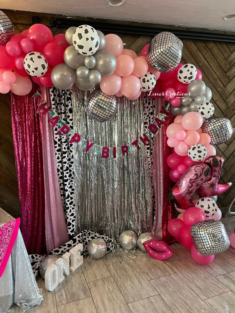 Cow 18th Birthday, Space Cowgirl Backdrop, Disco Cowgirl Pinata, Cowgirl Birthday Backdrop, Western Cowgirl Birthday Party, Cow Themed 21st Birthday Party, Cow Birthday Backdrop, Space Cowgirl Party Ideas, Cow Print Sweet 16