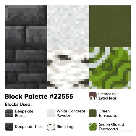 Minecraft Green Palette, Minecraft Birch Palette, Minecraft Block Palette Birch, Minecraft Red Palette, Minecraft Palettes, Birch Block Pallet Minecraft, Minecraft Pallete Blocks, Minecraft Block Combos, Minecraft Sculk