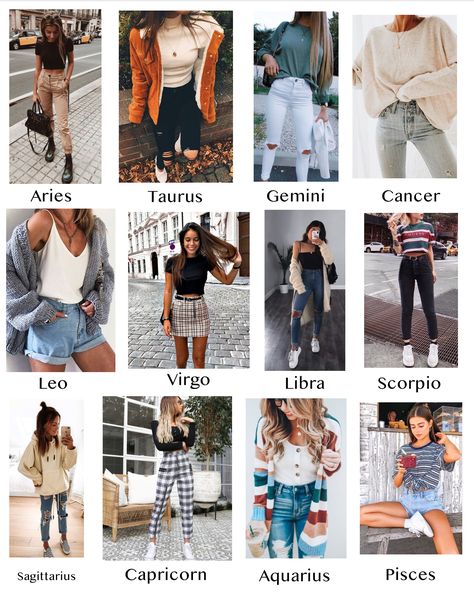 Zodiac Clothes Zodiac Outfit Chart, Zodiac Style Outfits, Outfits Based On Zodiac Signs, Zodiac Signs As Clothes, Your Zodiac Sign Is Your Outfit, Zodiac Signs Outfits Aesthetic, Zodiac Outfits, Zodiac Fashion, Capricorn Style