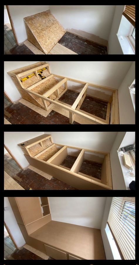 Kallax Over Bed Storage, Staircase Bulkhead Ideas, Box Over Stairs In Bedroom, Beds Over Bulkhead, Box Bed Ideas, Box Room Double Bed, Midsleeper Storage Ideas, Stair Box Bed, Box Above Stairs Bedroom