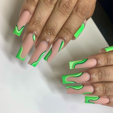 Cabo Nails Acrylic, Bright Summer French Nails, Orange Nail Styles, Irregular French Nails, Like Green Nail Designs, Kelly Green Nails Design, Universal Studio Nails, Cute Green Acrylic Nails, Yellow Long Nails