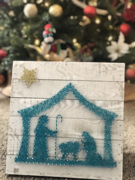 Nativity set - Pesebre  FB & Etsy @lachivamn Nativity String Art Template, Nativity String Art, Christmas Sunday School, Christmas Sunday, Nail String Art, Nativity Scenes, Scout Activities, String Art Patterns, Easy Face Mask Diy