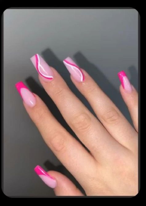 Hot Pink Coffin Nail Ideas, Hot Pink Nail Inspo Acrylic, Hot Pink Nail Ideas Acrylic, Short Pink Acrylic Nails Design, Pink Nails For Hoco, Hot Pink Nails For Prom, Hot Pink Aesthetic Nails, Medium Square Acrylic Nails Pink, Nails Idee Summer