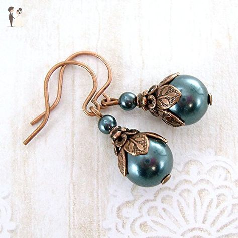 Antique Jewelry Victorian, Victorian Style Jewelry, Neo Victorian, Victorian Jewelry, Swarovski Pearls, Nature Jewelry, Copper Earrings, Silver Earrings Dangle, Bead Caps