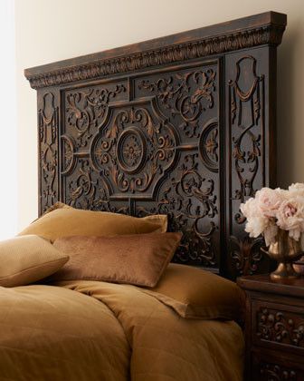 dark wood headboard Ornate Headboard, Vintage Decor Bedroom, Ranch Living, Dark Wolf, Decor Bedroom Ideas, Spanish Furniture, Carved Headboard, Beautiful Headboards, Vintage Bedroom Decor