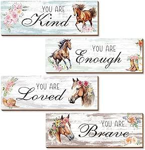 Thrist Cowgirl Horse Theme Wall Decor 4PCS Wooden Inspirational Cowgirl Theme Horse Wall Art Picture Painting Loved Brave Kind Enough Positive Quotes Wall Decor for Bathroom Bedroom Living Room Cow Living Room Ideas, Cowgirl Theme Bedrooms, Horse Bathroom Decor, Horse Bathroom, Horse Girls Bedroom, Highland Cow Decor, Horse Room Decor, Horse Themed Bedrooms, Horse Bedroom