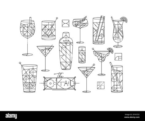 Download this stock vector: Art deco cocktails set drawing in line style on white background - 2FYNTD3 from Alamy's library of millions of high resolution stock photos, illustrations and vectors. Cocktails Drawing, Art Deco Drawing, Cocktails Vector, Cocktail Illustration, Basement Bar Designs, Bar Poster, Cocktail Art, Hand Drawn Vector Illustrations, Cocktail Set