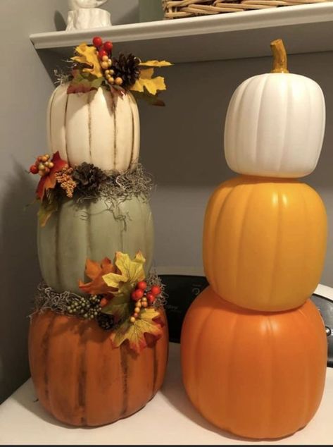 Thanksgiving Porch Decorations, Stackable Pumpkins, Thanksgiving Porch, Fall Pumpkin Crafts, Dollar Tree Pumpkins, Fall Decor Diy Crafts, Fake Pumpkins, Porch Pumpkins, Pumpkin Topiary