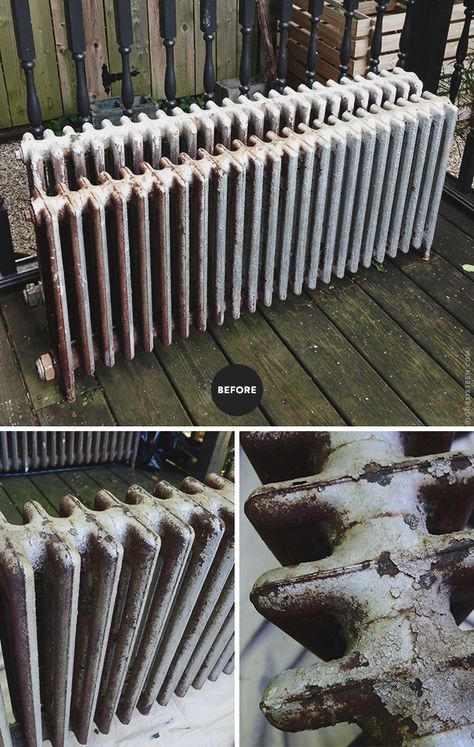 Refinishing cast iron radiators, small budget edition. | Door Sixteen How To Paint Radiators, Painting Radiators, Cast Iron Radiators Living Room, Period Radiators, High Heat Spray Paint, Steam Radiators, Kitchen Radiator, Vintage Cast Iron Radiators, New York Living