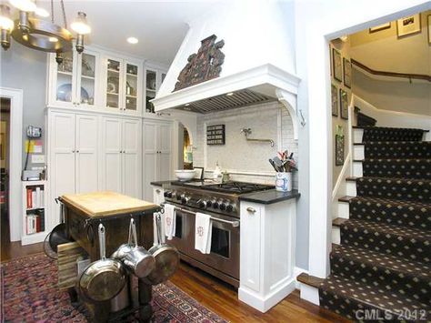 Pin serves as reminder of liking enclosed staircase off of kitchen (not crazy about the rest) Back Staircase Kitchen, Enclosed Staircase, Staircase Kitchen, Kitchen Stairs, Stairs In Kitchen, Small Kitchens, Victorian House, Staircases, Victorian Homes