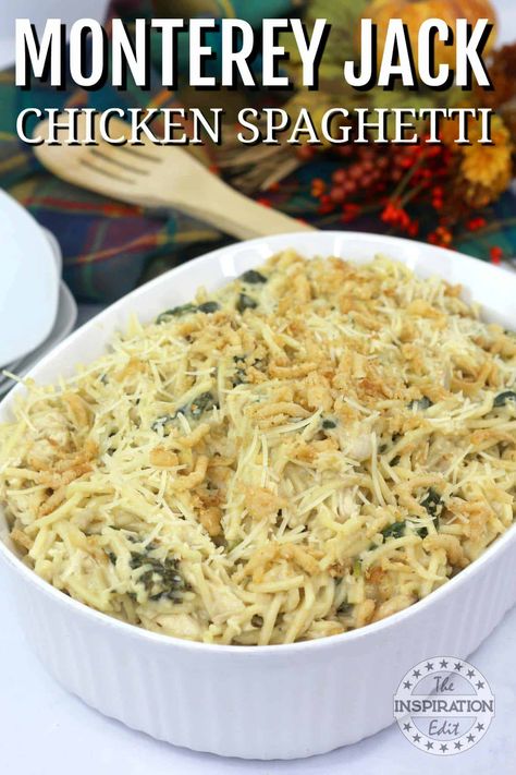 If you’re looking for a spaghetti dish with a twist, this is it! This Monterey Jack Cheesy Chicken Spaghetti recipe is a tasty dinner your whole family will love. Monterey Jack Chicken, Cheesy Chicken Spaghetti Casserole, Jack Chicken, Weeknight Casseroles, Chicken Spaghetti Recipe, Spaghetti Casserole Recipe, Spaghetti With Spinach, Chicken Spaghetti Casserole, Cheesy Chicken Spaghetti