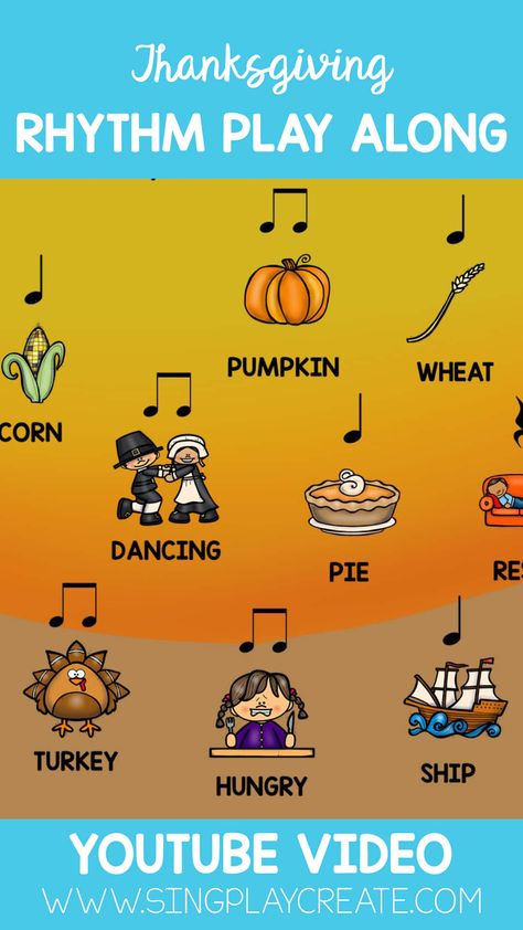 Thanksgiving Rhythm Play Along for Kindergarten Elementary Music WATCH NOW Thanksgiving Music Class Activities, Thanksgiving Music And Movement, Thanksgiving Music Class, Thanksgiving Elementary, Thanksgiving Music Lessons, Thanksgiving Music Activities, Piano Teaching Games, Thanksgiving Music, Elementary Music Activities