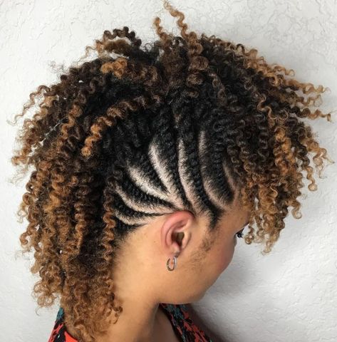 African American Curly Braided Mohawk Mohawk Crochet Hairstyles, Crochet Mohawk Hairstyle, Hairstyles With Braids And Curls, Braided Mohawk For Black Women, Mohawk Braid Styles, Braids And Curls, Mohawk Braids, Natural Hair Mohawk, Different Braid Styles