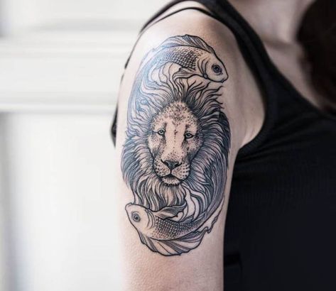 Tattoo photo - Lion and Fishs tattoo by Pavla Poppy Lion And Fish Tattoo, Pisces Leo Tattoo, Pisces And Leo Tattoo Combined, Leo And Pisces Tattoo, Lion Fish Tattoo, Lion Shoulder Tattoo, Marilyn Monroe Tattoo, Jaguar Tattoo, Fantasic Beasts