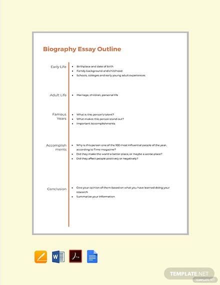 Biography Essay Outline Format Template | Word, Apple Pages, PDF | Template.net Expository Essay Examples, Scholarship Essay Examples, College Essay Examples, Outline Format, Types Of Essay, Expository Essay, Essay Template, Paragraph Essay, Scholarship Essay