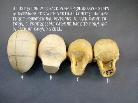 Carving a Skull in basswood Hen egg ~ www.woodbeecarver.com Small Wooden Carvings, Wood Skull, Wood Bees, Dremel Crafts, Whittling Projects, Skull Sculpture, Wood Carving Faces, Bone Crafts, Dremel Wood Carving