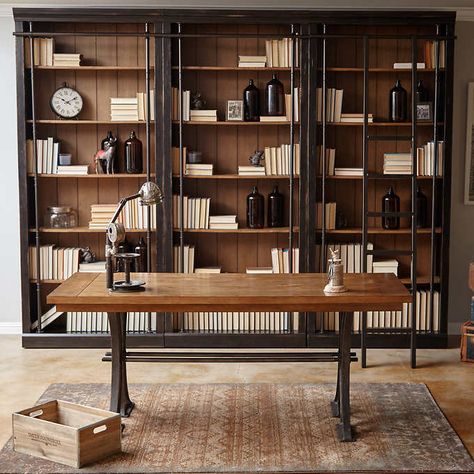 Tuscan 3-piece Bookcase Wall, Ladder and Writing Desk Brown Bookshelves, Brown Bookcase, Bookcase Wall, Wall Bookshelves, Office Set, French Doors Interior, Ladder Bookcase, Joanna Gaines, Home Library