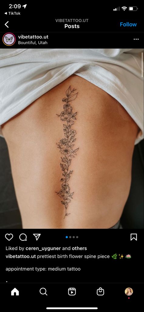 Flower Tattoos Down Spine, Flowers Down The Spine Tattoo, Womens Tattoos Spine, Flower Spinal Tattoo Women, Spine Tattoos Wildflower, Simple Floral Spine Tattoos For Women, Spine Flowers Tattoo, Spin Tattoos For Women Flowers, Spine Tattoos Sunflower