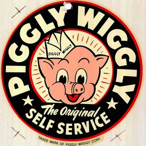 Piggly Wiggly logo registered as trademark on this day in 1972. First use in 1950.  #PigglyWiggly #marketing #branding #brand #logo #trademark #history Piggly Wiggly, Round Wood Sign, Retro Sign, Self Service, Vintage Metal Signs, Advertising Signs, Car Stickers, Vintage Signs, Decorative Signs