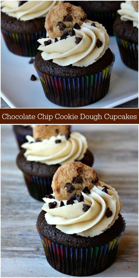 Chocolate Chip Cookie Dough Cupcakes recipe from RecipeGirl.com #chocolate #chip #chocolatechip #cookie #dough #cookiedough #cupcakes #recipe #RecipeGirl Cookie Dough Cupcakes Recipe, Chocolate Chip Cookie Dough Cupcakes, Cookie Dough Cupcakes, Cookie Dough Filling, Cookie Dough Fudge, Cookie Dough Frosting, Edible Cookie Dough Recipe, Nutella Cupcakes, Chocolate Cookie Dough