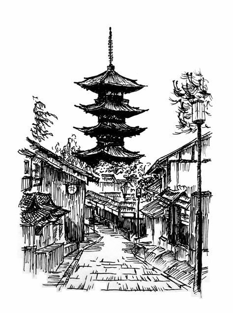 Kyoto Art, Environment Sketch, Temple Drawing, Artsy Illustration, Drawing Scenery, Illustration Courses, City Sketch, Japan Architecture, Japanese Art Prints