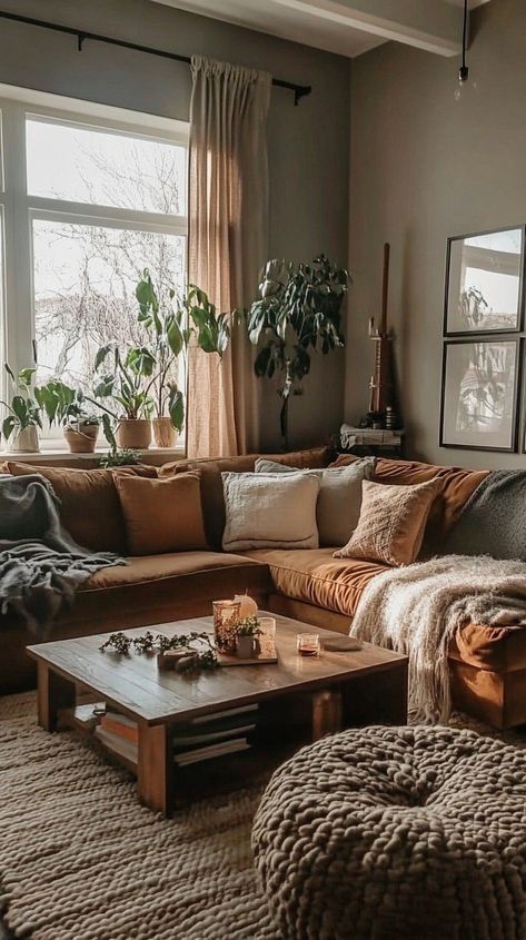 Living Room Design Rustic, Cozy Vintage Living Room Decor Ideas, Natural Bohemian Living Room, Green Brown Aesthetic Living Room, Cozy Living Room On A Budget, Apartment Cozy Decor, Small Living Room Ideas Townhouse, Cozy First Home, Cozy Farm Living Room