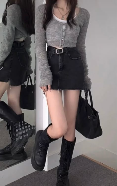 Edgy Pencil Skirt Outfits, Outfits That Cover Your Neck, Acubi Fashion Summer Outfit, Acubi Aesthic, Acubi Fashion, Ulzzang Fashion, 가을 패션, Edgy Outfits, Korean Outfits