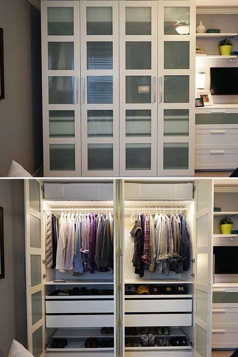 The IKEA Home Tour Squad built a custom PAX wardrobe in their bedroom storage makeover to maximize storage space. Bonus: PAX fitted wardrobes come with a 10 year warranty! Wardrobe Ikea, Ikea Home Tour, Ikea Bedroom Furniture, Ikea Bedroom Storage, Fitted Bedroom Furniture, Ikea Wardrobe, Ikea Closet, Things To Wear, Fitted Bedrooms