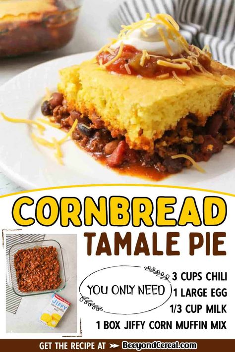 This cornbread tamale pie is a simple and delicious recipe that comes together in minutes and tastes incredible too. Use a box of Jiffy mix and some leftover chili to keep it as frugal as it is tasty. Cornbread Tamale Pie, Corn Muffin Mix Recipes, Chili Pie Recipe, Muffin Mix Recipe, Jiffy Mix Recipes, Homemade Tortilla Recipe, Tamale Pie Recipe, Beans And Cornbread, Corn Bread Bake