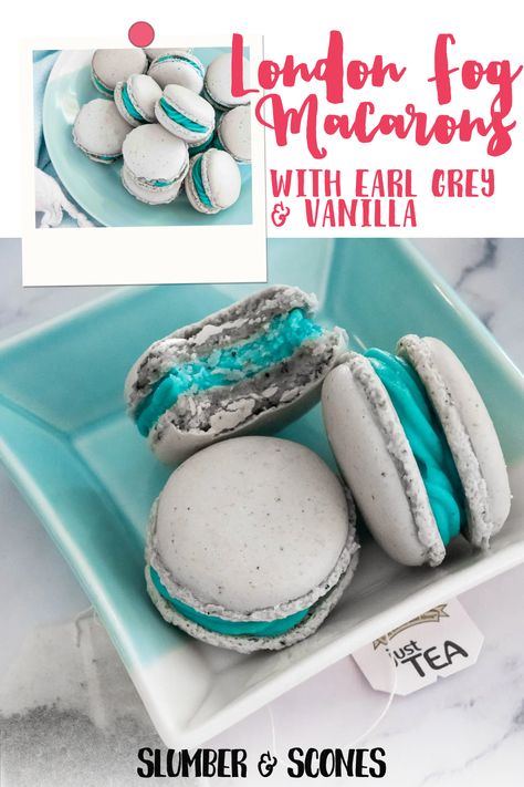 Treat yourself to the exquisite flavors of our London Fog Macarons! Experience the harmonious blend of Earl Grey and vanilla buttercream in every delectable bite. ☕🍬 Dive into the world of macarons with our step-by-step recipe. Dessert perfection awaits! #DeliciousDesserts #TeaInspired Earl Grey Macaron Recipe, London Fog Macarons, Gray Macarons, Grey Desserts, Earl Grey Cookies, Almond Meringue, French Almond, Macarons Recipe, Recipe Dessert