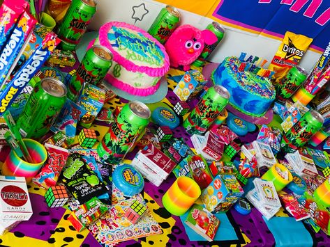 90s Theme Birthday Party Ideas, 90s Dessert Table, 90s Theme Dessert Table, 90s Treat Table, 90s Theme Birthday Party, 90s Candy Table, 80s Candy Table, 80s Party Candy Table, 80s Candy Bar