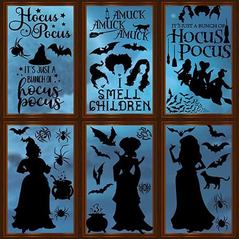 You will get 8 sheets of hocus pocus window stickers. Each sheet has different patterns including witch hair, three witch sisters, witches on the broom, black cats, spiders, bats, cauldron and so on. Great hocus pocus window decorations for you. Hocus Pocus Door, Fall Window Decorations, Hocus Pocus Decor, Hocus Pocus Decorations, Halloween Window Silhouettes, Thanksgiving Gnomes, Witch Sisters, Window Silhouette, Halloween Window Clings