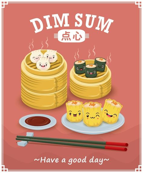 Premium Vector | Vector dimsum chinese dumpling hand drawn chinese food Dimsum Poster Design, Chinese Text, Chinese Dumplings, Food Poster Design, Chinese Dishes, Food Poster, Dim Sum, Design Set, Food Illustrations