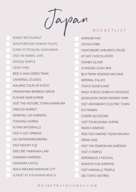 Download the We Are Travel Girls Japan Bucketlist. This handy checklist has all the must do activities in Japan Travel Destinations Bucket Lists, Travel Checklist, Travel List, Travel Board, Free Travel, Travel Goals, Travel Stories, Travel Inspo, Travel Bucket List