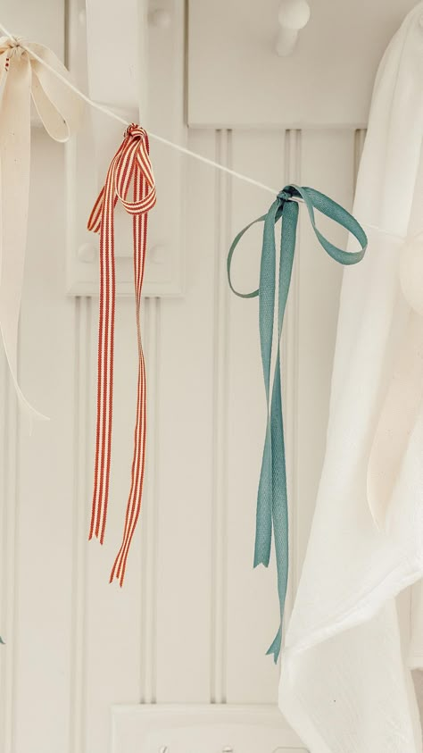 Heidi Samia | Eleanor Rose Home | I cannot say this adorable ribbon garland is my original idea. I saw a similar patriotic ribbon garland from my friend Stacie… | Instagram Simple Garland, Blue Garland, Bow Garland, Flag Garland, Time Of The Month, Ribbon Garland, Ribbon Decorations, Diy Garland, Cotton String