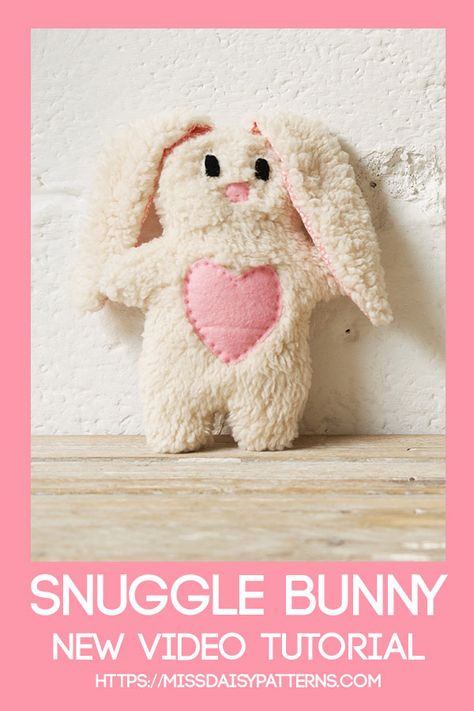 How to Make a Snuggle Bunny Video - Miss Daisy Patterns Minky Stuffed Animal Pattern, Diy Bunny Stuffed Animal, Bunny Pattern Sewing Free, Stuffed Bunny Sewing Pattern Free, Baby Toys To Sew, Fabric Baby Toys, Sewing Toys Easy, Easter Bunny Basket Crochet, Cat Pattern Tutorial