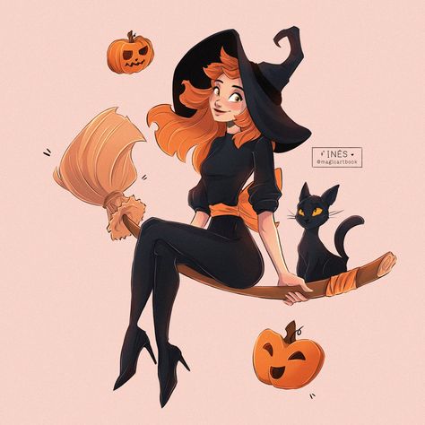 Art | Illustration | Commissions | Digital | Anatomy | Fanart | Character Design | Disney | Animation | Cartoon Halloween Procreate, Character Design Disney, W.i.t.c.h Fanart, Black Cat Illustration, Redhead Art, Cartoon Witch, Halloween Digital Art, Witch Drawing, Witch Characters