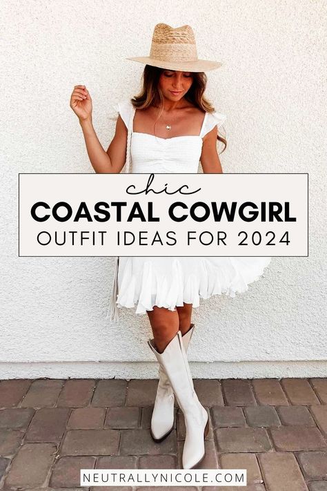 Redefine your style with our Coastal Cowgirl aesthetic outfit ideas, where cowgirl chic meets coastal sophistication. Explore ways to mix and match cute cowgirl outfits with the effortless cool of seaside fashion. Think distressed denim paired with flowy, ocean-inspired tops, and accessorized with statement cowboy boots for a look that captures the heart of cowgirl style while embracing the ease of coastal living. Cowgirl Aesthetic Outfit, Denim Cowgirl Outfit, Beachy Cowgirl, Cowgirl Chic Outfits, Classy Cowgirl Outfits, Coastal Cowgirl Outfit, Fall Festival Outfit, Coastal Cowgirl Aesthetic, Cowboy Boot Outfits