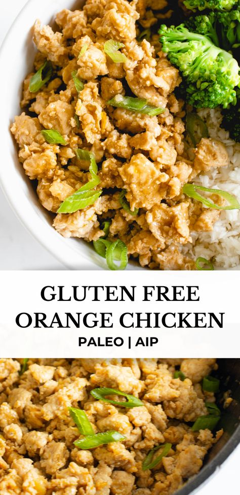 This Gluten Free Orange Chicken is paleo, AIP, and so good! This recipe uses ground chicken which is tossed in a delightfully tangy and sweet orange sauce that comes together in 20 minutes for an easy, quick and delicious meal. #healmedelicious #aip #aiprecipes #paleo #paleorecipes #autoimmunedisease #aipdiet #autoimmunepaleo #aipprotocol #dinnerideas #easydinnerrecipes #chickenrecipes #orangechicken #groundchicken Gluten Free Orange Chicken, Autoimmune Diet Recipes, Aip Diet Recipes, Autoimmune Paleo Recipes, Whole30 Dinner Recipes, Aip Paleo Recipes, Paleo Main Dishes, Paleo Meals, Ground Chicken Recipes