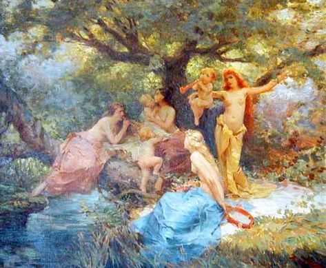 Joseph Tomanek (1889 – 1974, Czech-born American) Joseph Tomanek, The Bathing Pool, Maid Of The Mist, Wood Nymph, Pre Raphaelite Art, Wood Nymphs, John Everett Millais, Blooming Trees, Mythology Art