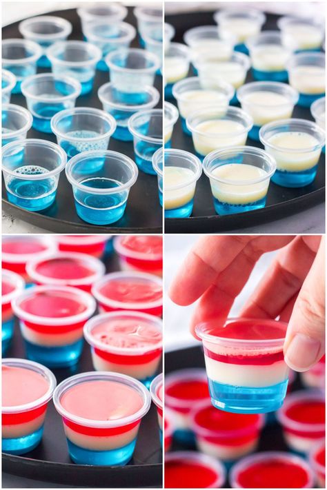 These layered Red White & Blue Jello Shots are perfect for a summer party. Make a batch of American Flag Jello Shots for Fourth of July, Memorial Day, or whenever you're feeling especially patriotic. | www.persnicketyplates.com Jello Shots 4th Of July Recipe, Jello Shot Recipes Fourth Of July, Best Jello Shot Recipes 4th Of July, 4th Of July Jello Shots With Tequila, 4th Of July Shots Jello, Jell-o Shots 4th Of July, Cowboy Jello Shots, Labor Day Jello Shots, Fourth Of July Jello Shots Alcohol